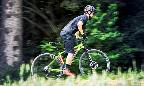 Cyclist riding a green mountain bike hardtail while standing up in a green natural setting.